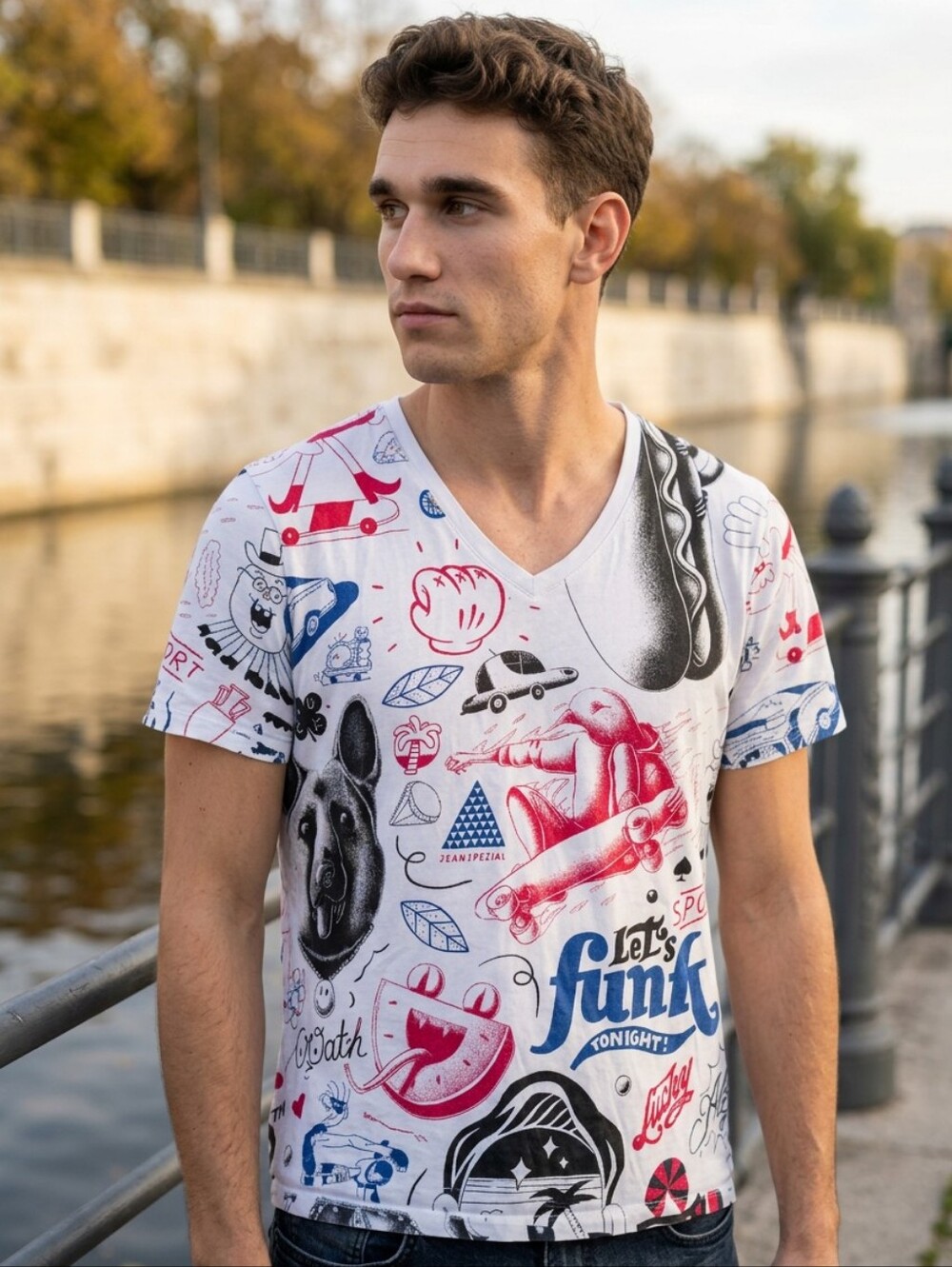 Armani Exchange White V-Neck Tee with Red, Blue and Black Graphic Print
